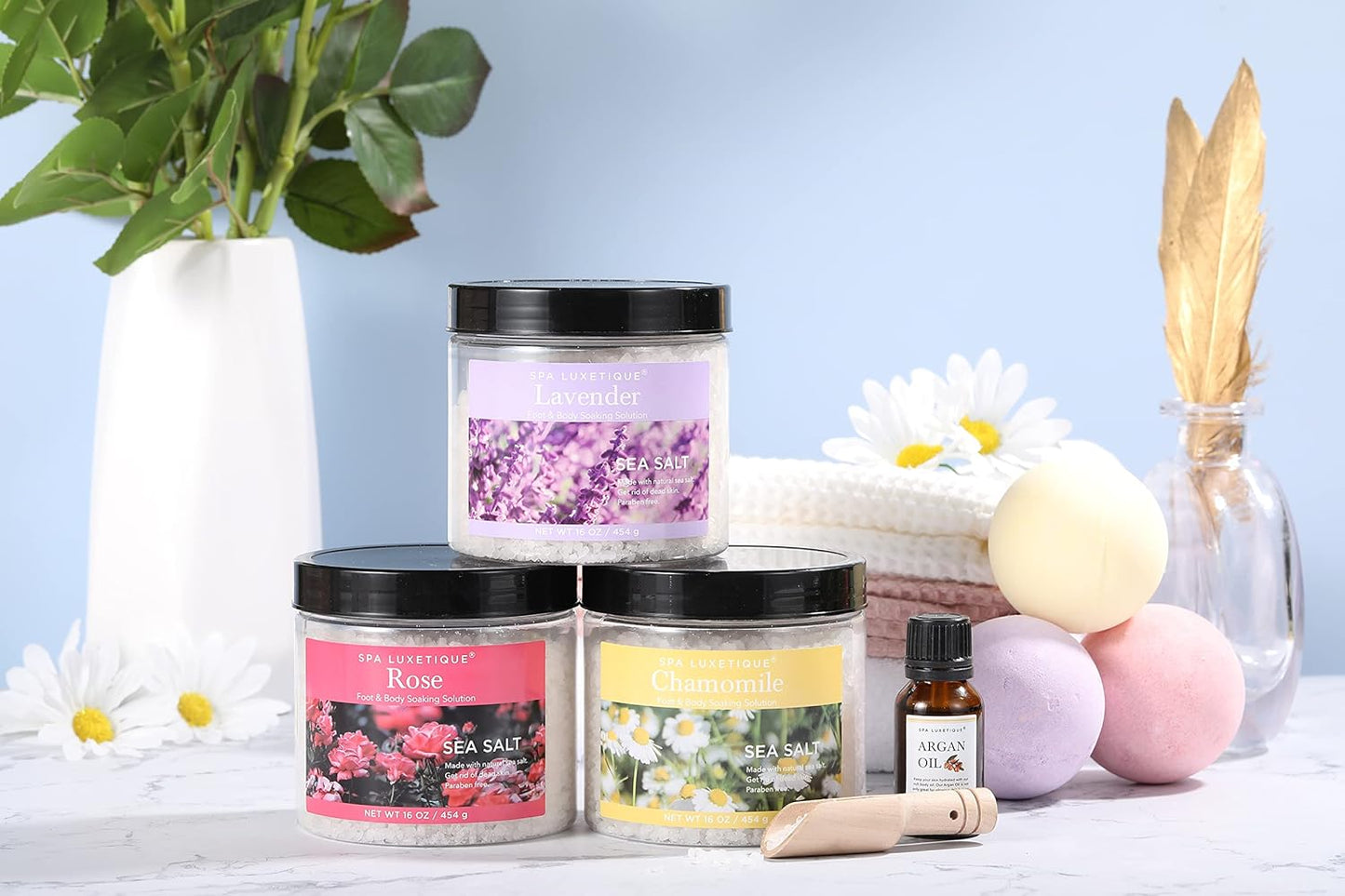 Spa Luxetique Bath Salts Gift Set - 8pcs Epsom Salt Soaking Set with Argan Oil, Lavender & Rose Scents | Perfect for Mother's Day & Christmas Gifts