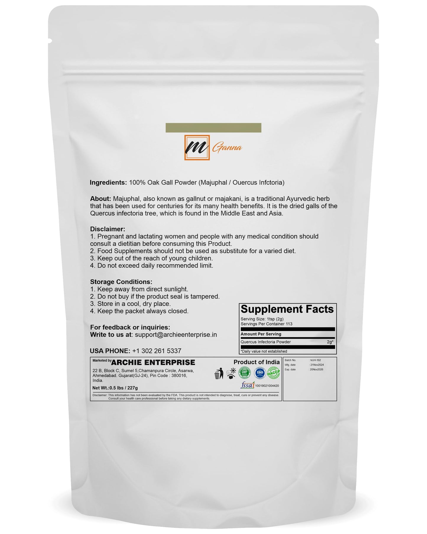 mGanna 100% Natural Oak Gall Powder 0.5 lbs / 227 GMS | Quercus Infectoria/Majuphal or Manjuphal