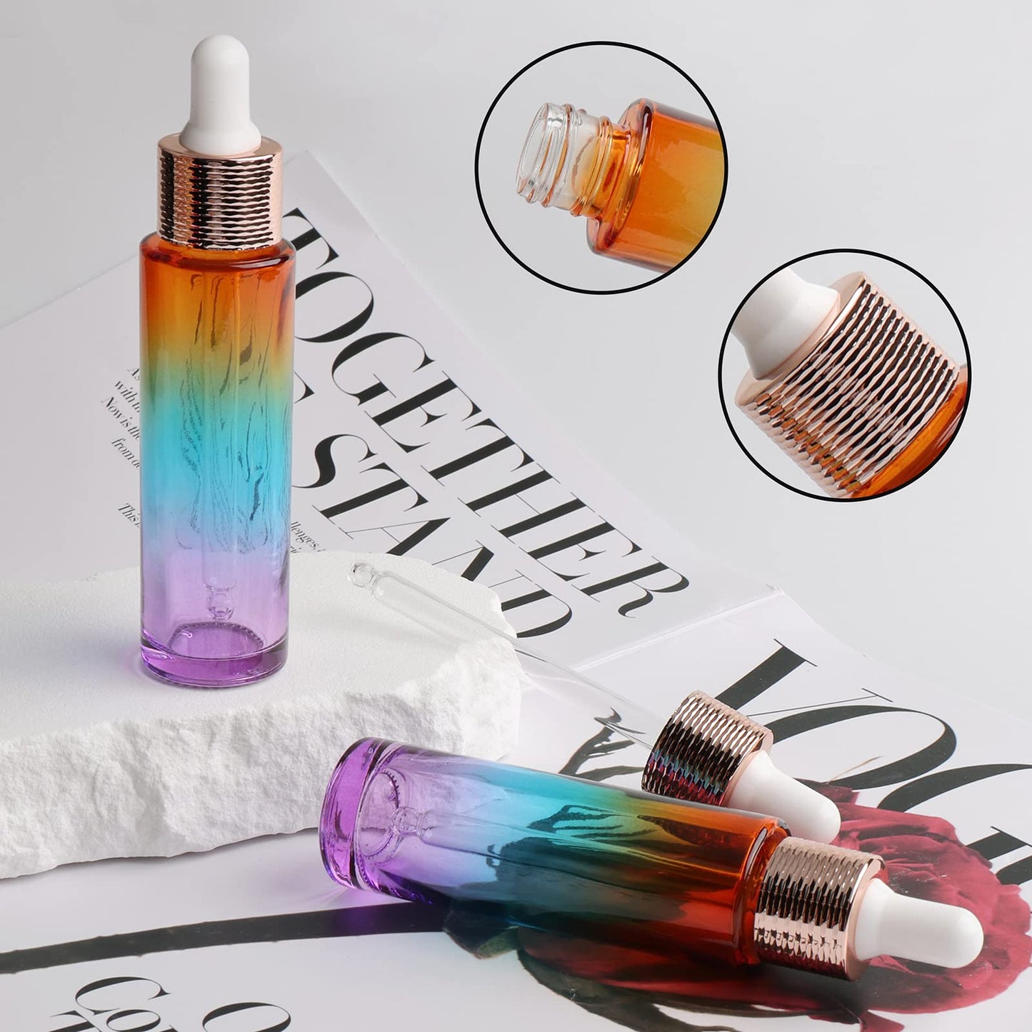 Kesell 30ml Glass Dropper Bottles, Empty Perfume Bottles Containers for Essential Oil, DIY Cosmetic Storage (Pack of 14, with Funnel), Rainbow Color
