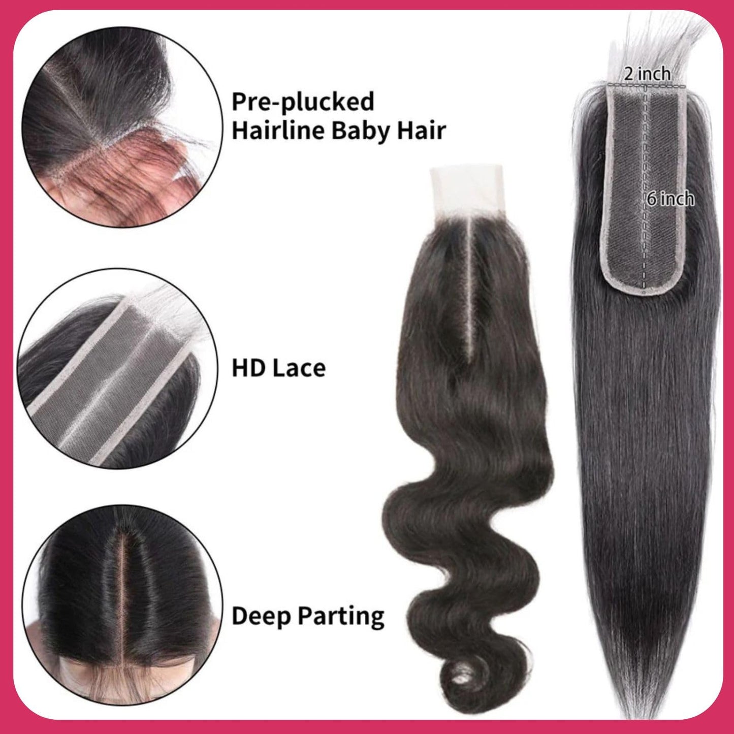 2x6 Frontal Hd Lace Closure Human Hair Middle part Invisible Skinlike Hd Lace, Bleached Knot Pre-Plucked 2 by 6 Lace Frontal Closure, 16 Inch Straight Human Hair Closure With Baby Hair Natural black