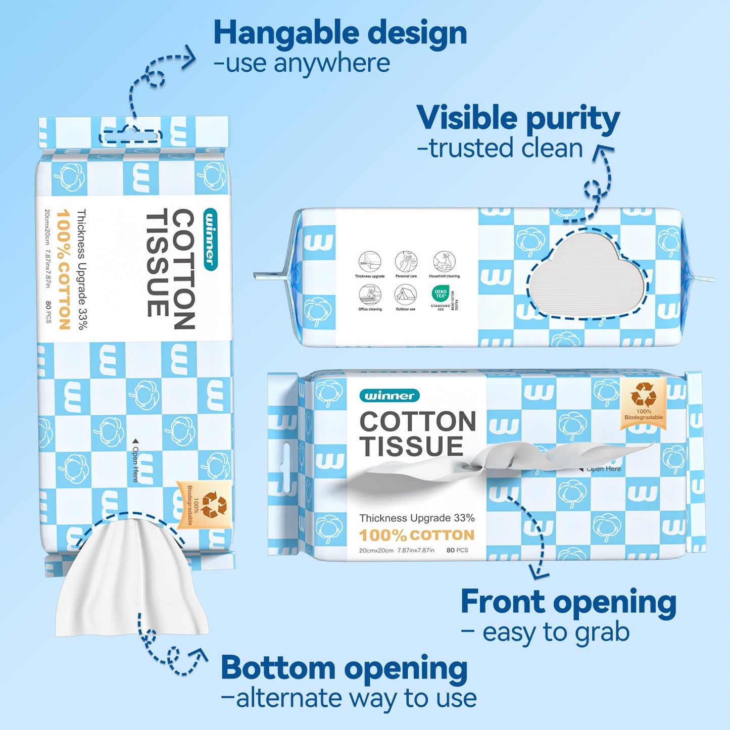 Winner Soft Face Towels, Upgraded Thicker 100% USDA Biobased Facial Towels with Hangable Design, Unscented and Gentle on Sensitive Skin, Disposable Facial Towelettes (240 Count, Pack of 3)