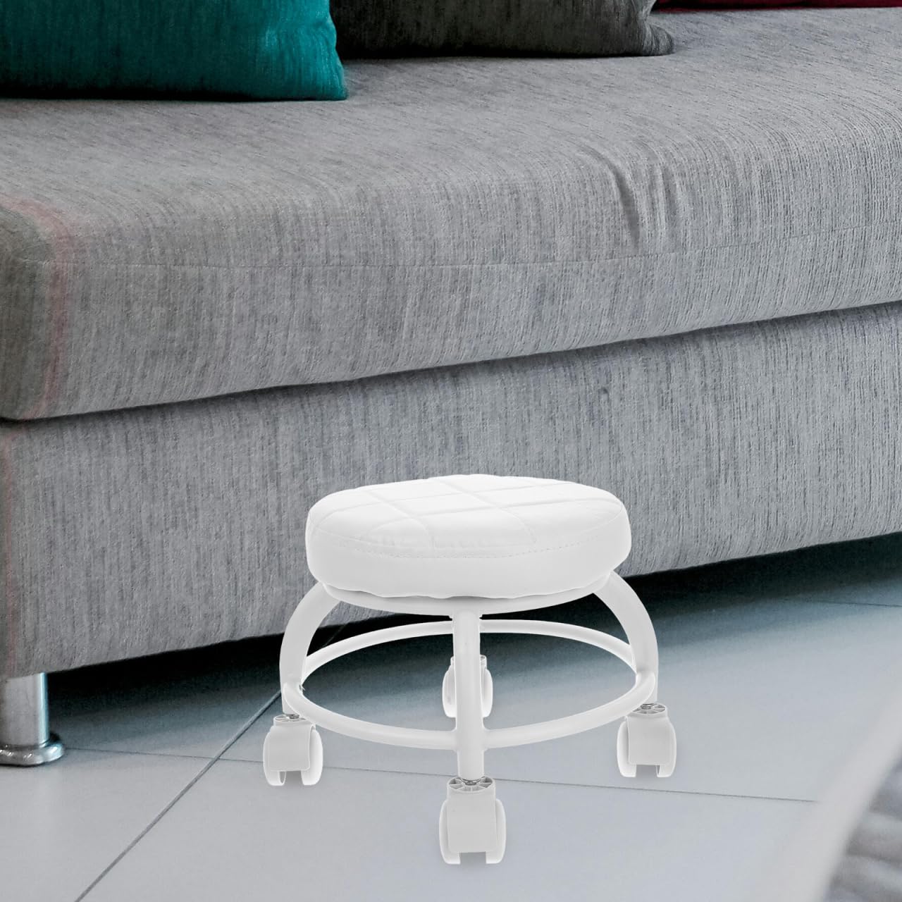 Healeved Rolling Beauty Stool with Swivel Wheels Pu Cushioned Seat Small Round Manicure Stool for Pedicure Spa Massage Salon Chair 10.24X13.39X10.24 Inches