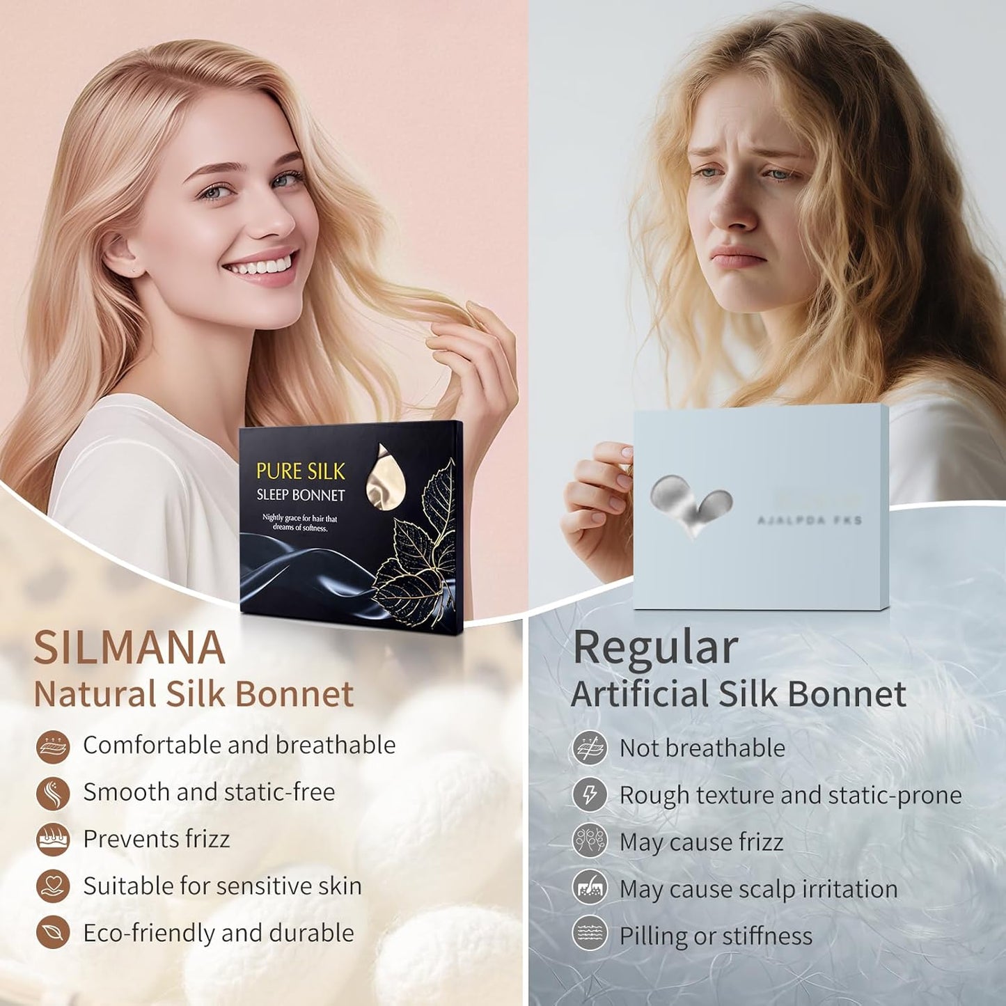 Silk Bonnet for Sleeping | 22 Momme 100% Mulberry Silk Sleep Cap - Double-Layer Reversible Hair Wrap for All Hair Types - Champagne