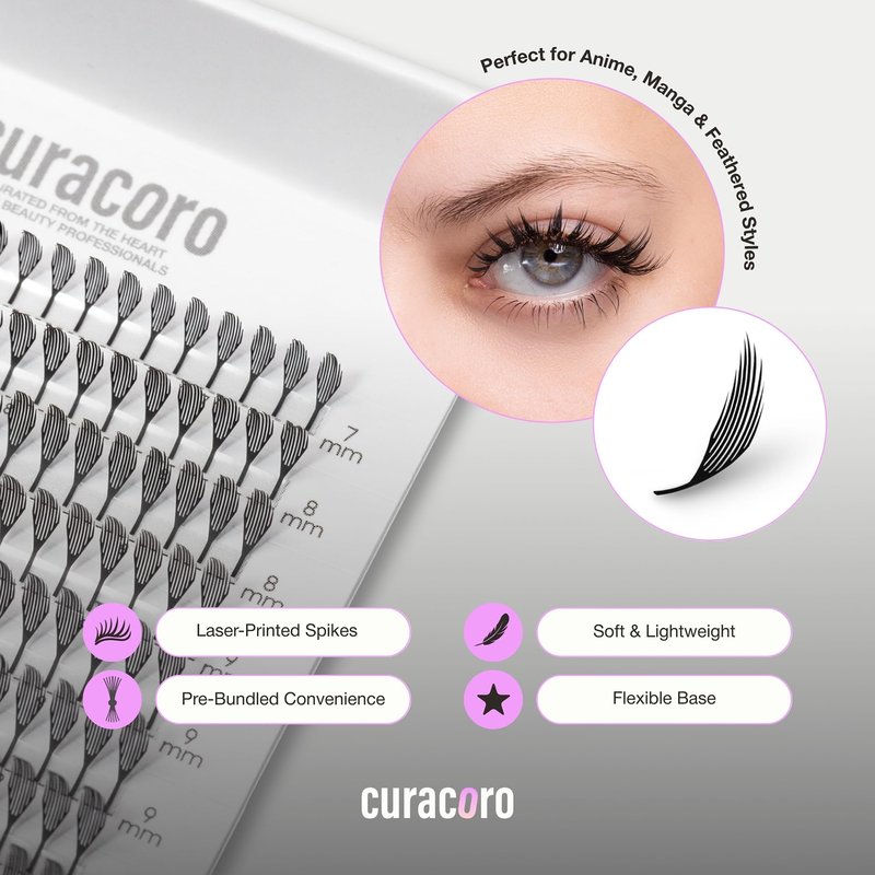Curacoro Anime Feather Spike Lash Extensions – 360 Fans Lightweight and Defined Laser-Printed Premade Lash Spikes, Anime Lashes LC Curl 7–13mm for Professionals