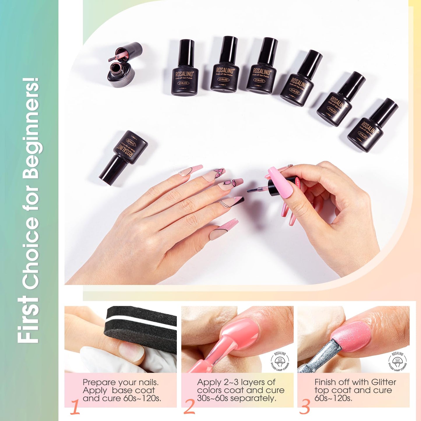 ROSALIND 65PCS Gel Nail Polish Set, 60 Colors Glitter Red Gel Polish with 5 Bottles of Base and Glossy Matte Top Coat Soak off Nail Set Suitable for All Seasons