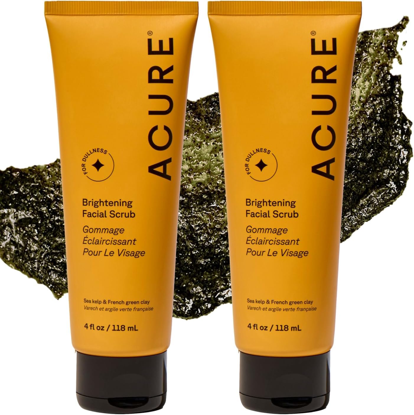 Acure Brightening Facial Scrub - Exfoliating Face Wash, Gentle Daily Scrubber & Exfoliator for Women & Men for Radiant Skin, Cleansing Wash with Sea Kelp & French Green Clay - 4 fl oz (2 Pack)