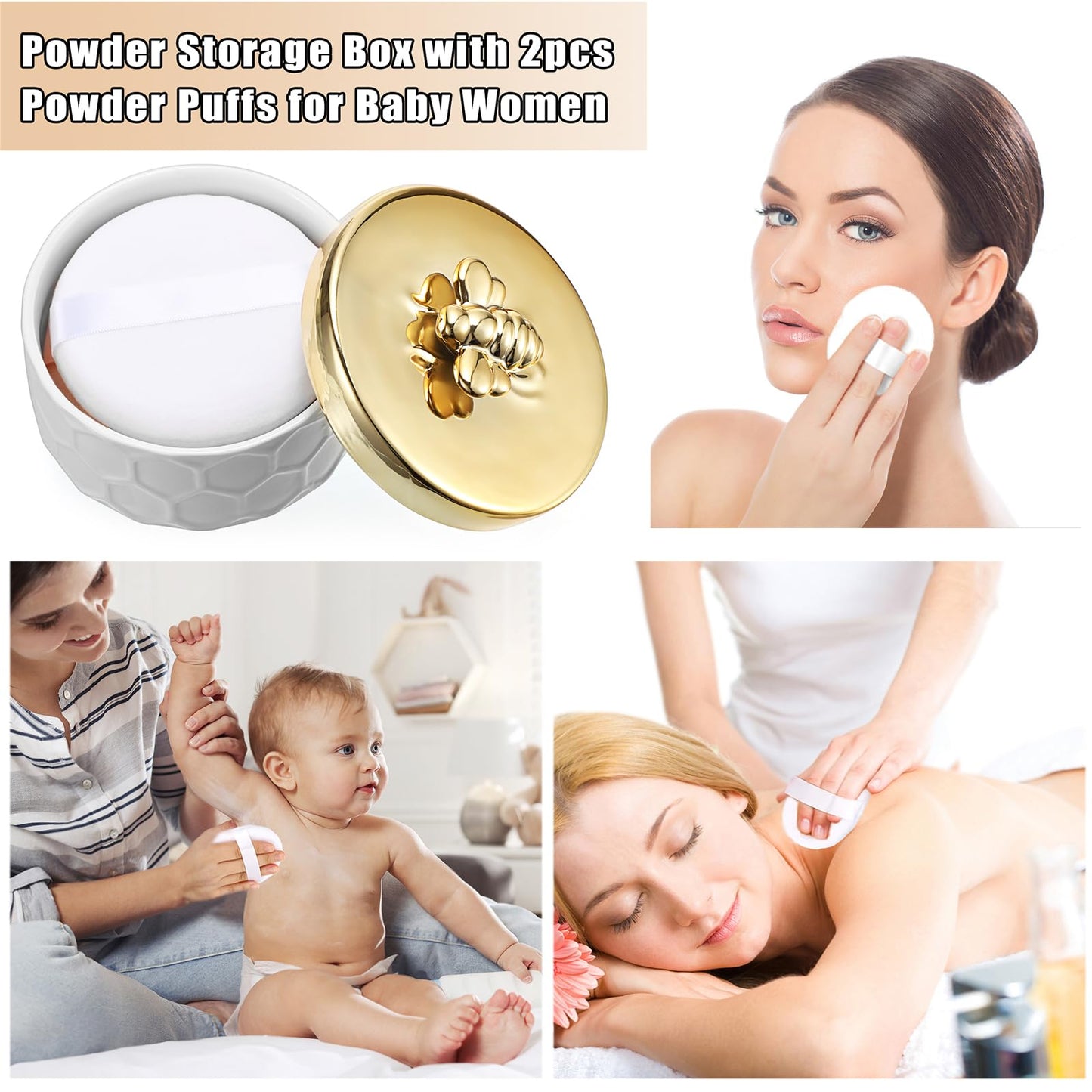 ELLDOO Body Powder Puff and Container, Ceramic Loose Dusting Powder Storage Box with 2pcs Powder Puffs for Baby Women, Jewelry Trinket Box with Golden Bee Lid