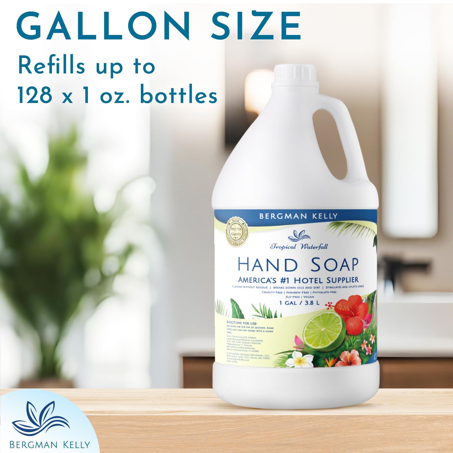 BERGMAN KELLY Hotel Liquid Hand Soap Refill (Tropical Waterfall Scent), Refreshing Hand & Body Soap, 1 Gallon (128 fl oz)