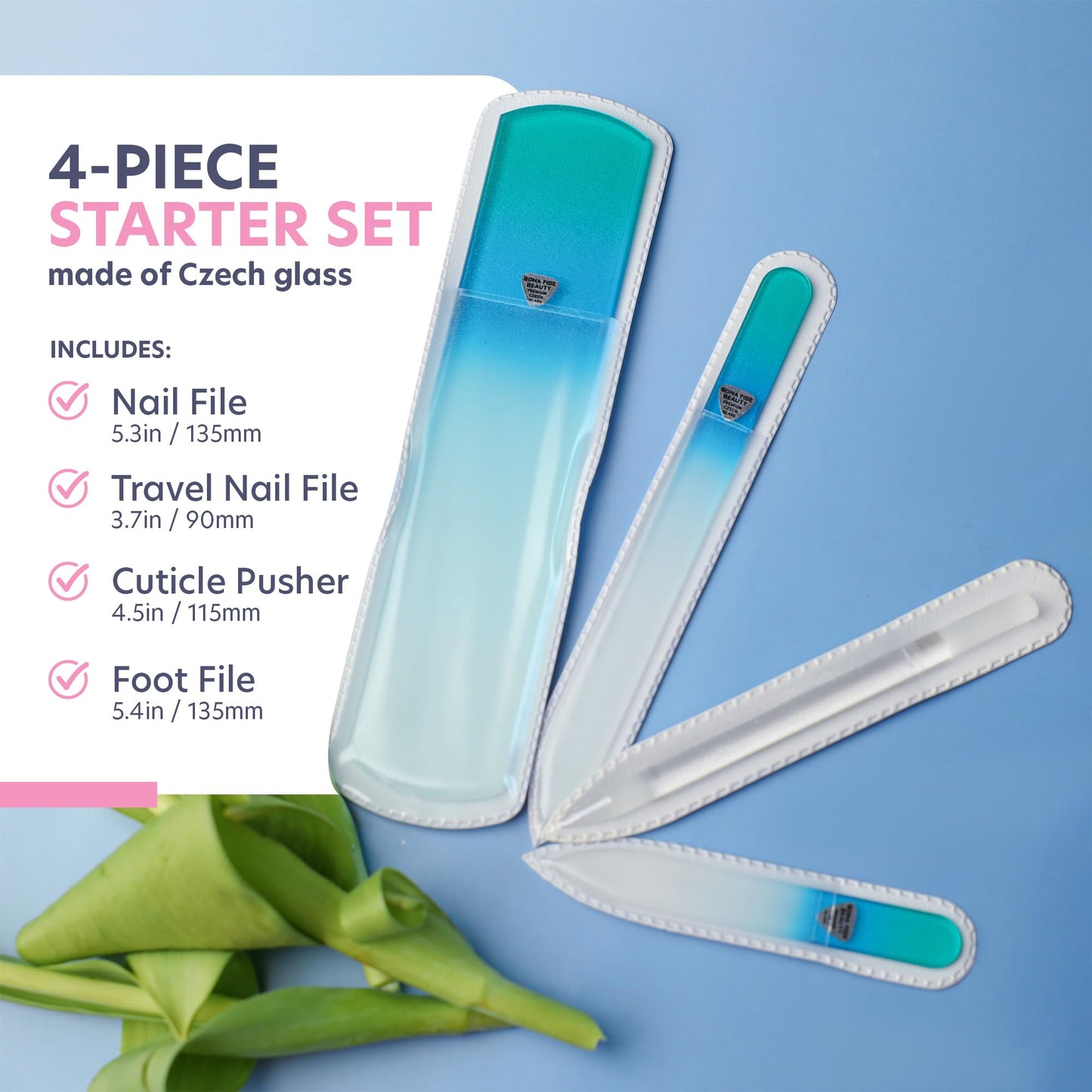 Bona Fide Beauty Czech Glass Gift Set: Foot File, Nail File, Cuticle Pusher