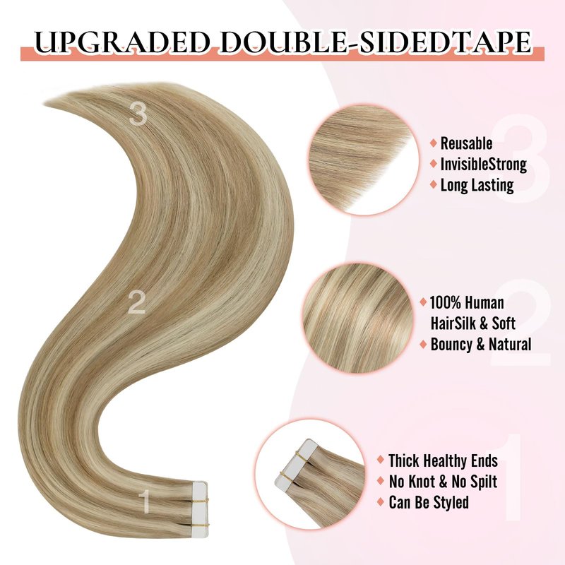 MEI YUAN LIN tape hair extensions real human hair 16 Inch Color 18 Ash Blonde and 613 Light Blonde Invisible Tape Ins PU weft 50Grams 20Pcs Silky Straight