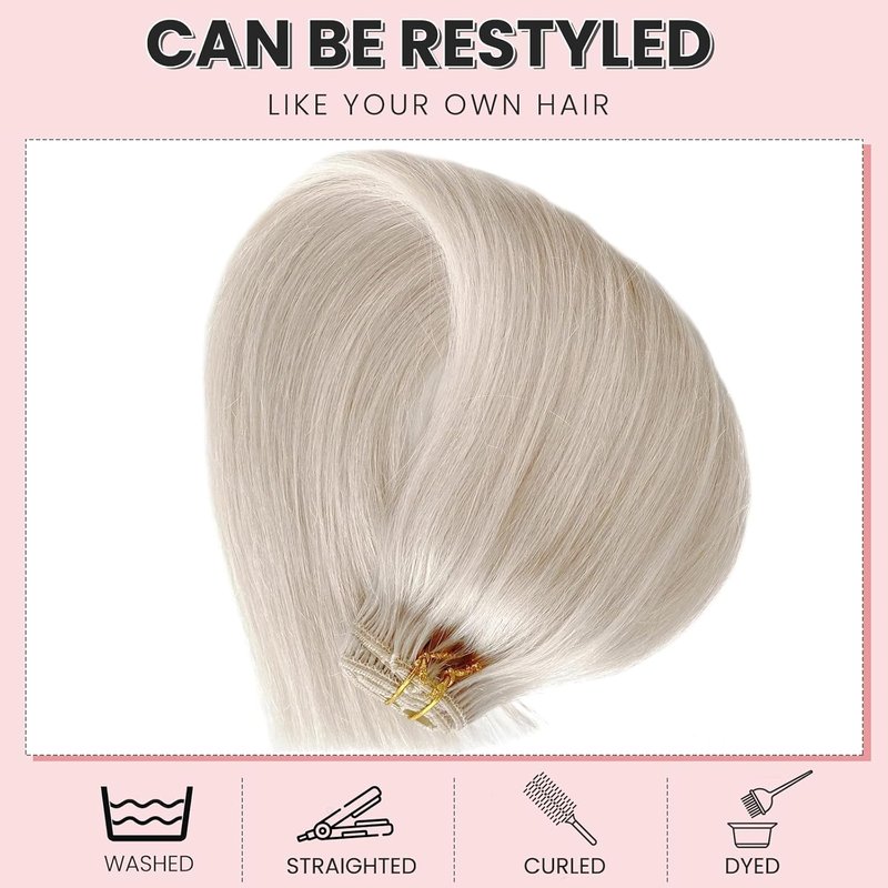 Clip In Hair Extensions - Ice White Virgin Remy Human Hair | 16 Inch, 7pcs, 70g Straight Hairpieces for Thinning Hair