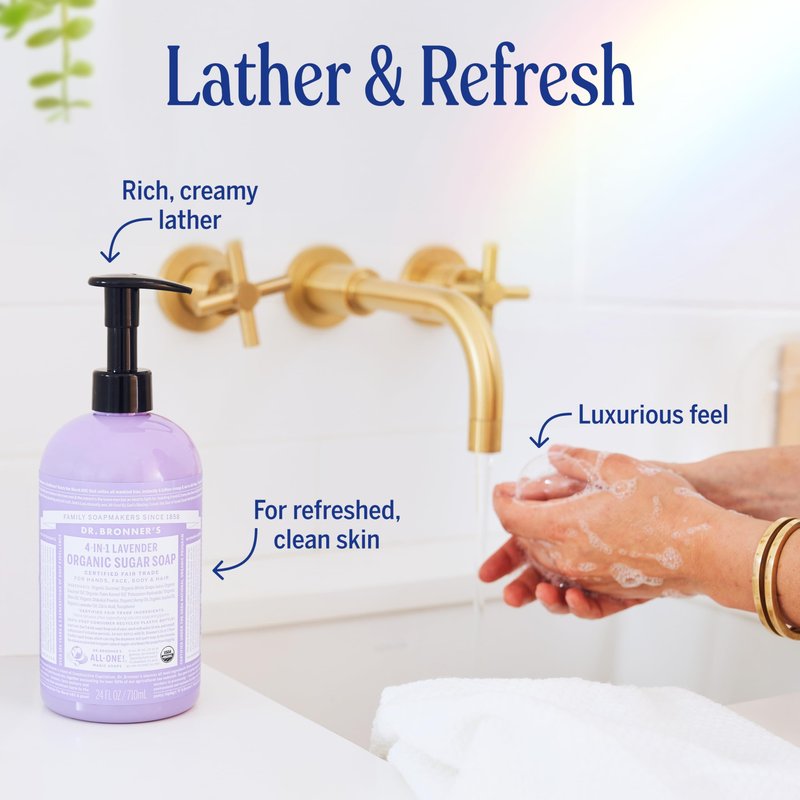 Dr. Bronner's - Organic Sugar Soap (Lavender, 24 Ounce) - Made with Organic Oils, Sugar and Shikakai Powder, 4-in-1 Uses: Hands, Body, Face and Hair, Cleanses, Moisturizes and Nourishes, Vegan