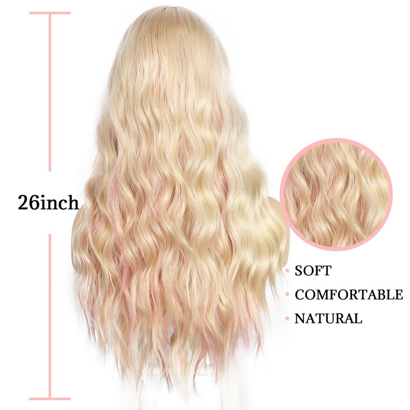 SAPPHIREWIGS Blonde Wig with Bangs Long Loose Wavy Wig Highlight Pink Hair Synthetic Heat Resistant Fiber Hair for Women Daily Party Use 26inch
