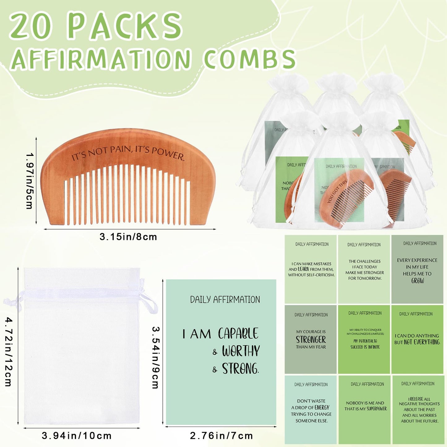 Yiyiring 20 Sets Birthing Comb Labor Pain Labor Combs with Affirmation Card for Pregnant Women Wooden Engraved Stress Bitrh Relief Comb for Delivery Support Relief Self Care New Mom Gifts