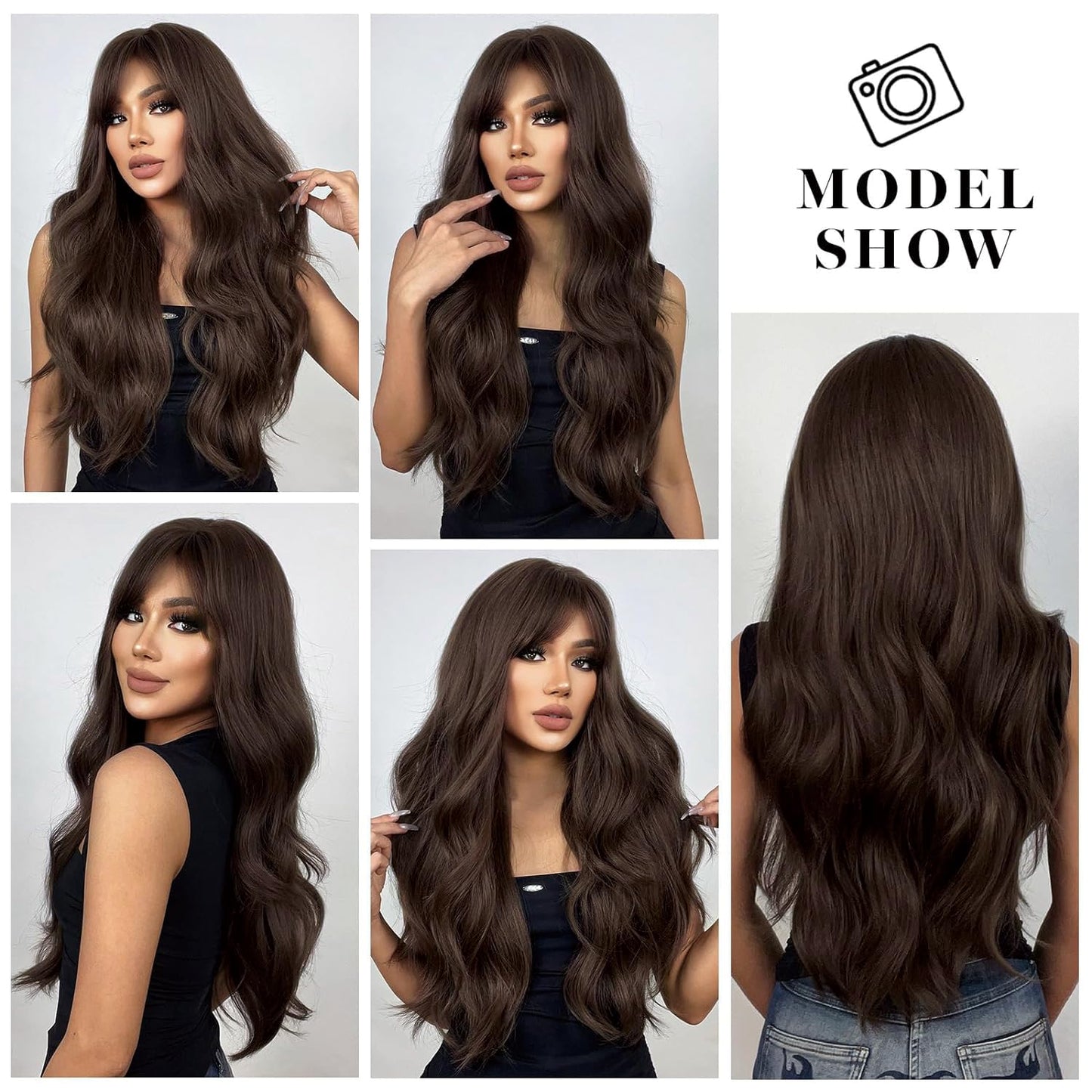 YOUGRACE Dark Brown Wig with Bangs, Wavy Wigs for Women Synthetic Hair Wig for Daily Party Use 26 Inch