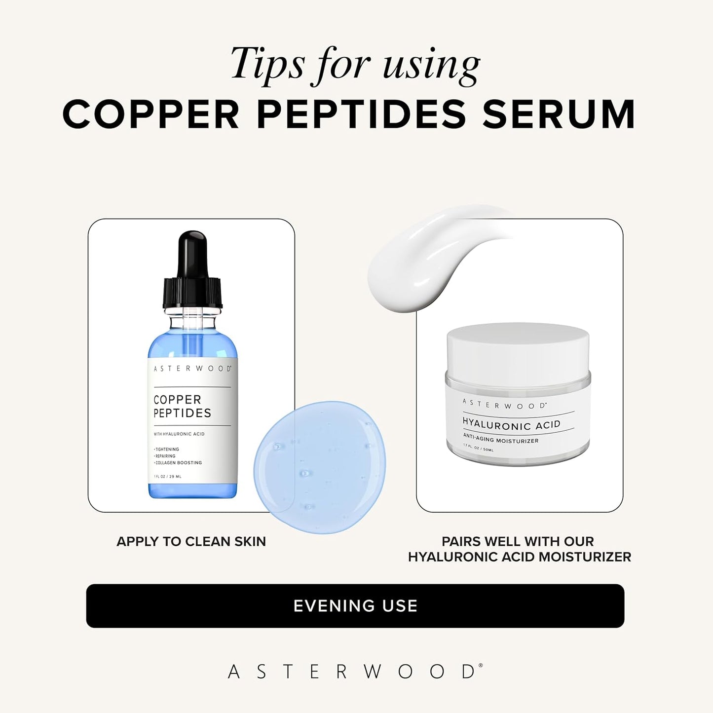 Asterwood Copper Peptides Serum - Collagen Boosting Face Treatment with GHK-Cu & Hyaluronic Acid | 2 Fl Oz