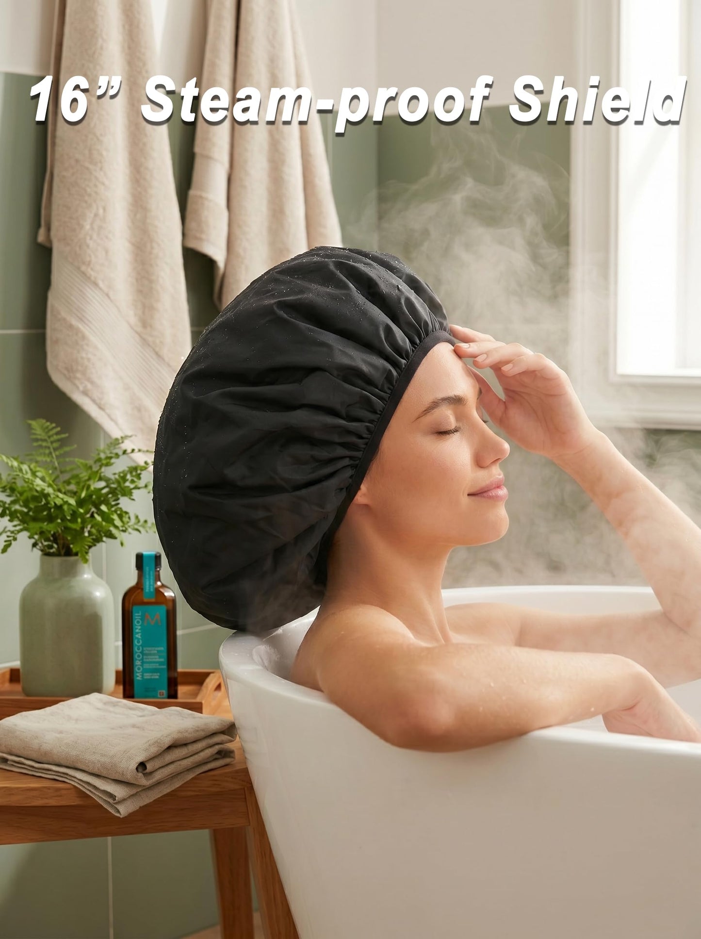 Auban Extra Large Shower Cap, Double-Layer Waterproof Reusable, XL Satin Lining Shower Bonnet for Women Thick, Long Hair, Locs, Braids(Black)