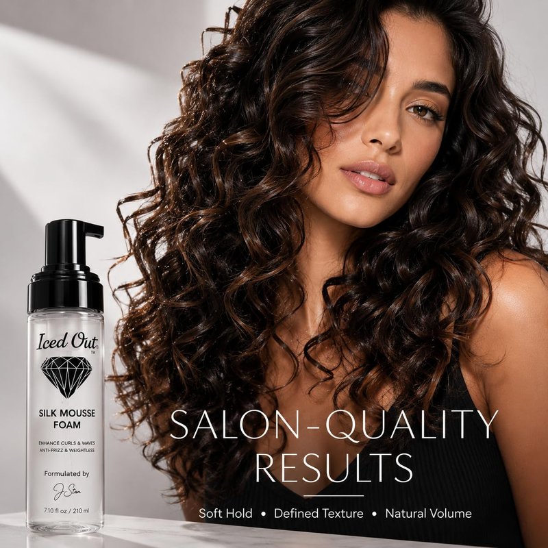 Iced Out Silk Mousse Foam | Volumizing & Curl Enhancing Hair Mousse for Men & Women – Frizz Control, Adds Shine, Long-Lasting Shape & Hold | 7.10 fl oz
