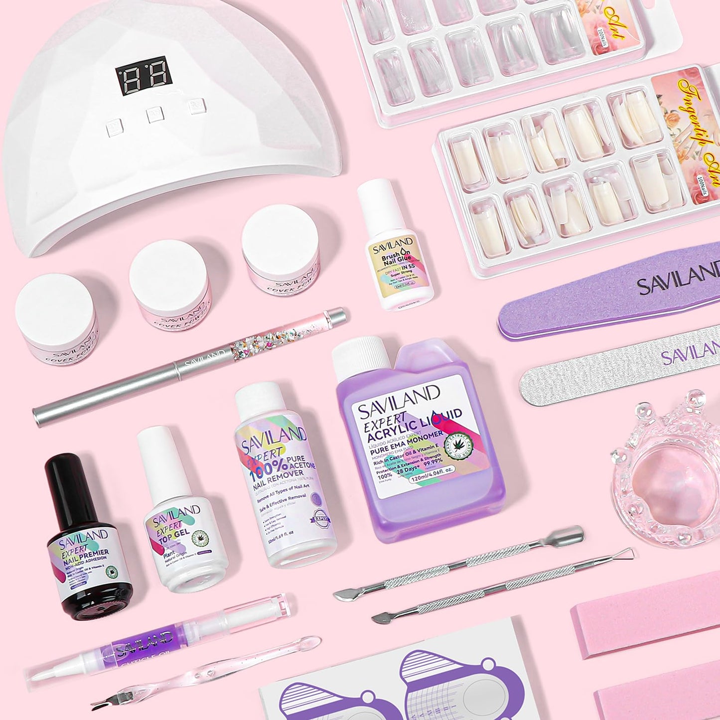 SAVILAND Acrylic Nail Kit: Professional Nails Kit Set Clear White Pink Acrylic Powder and Liquid Set with U V Nail Lamp Nail Remover for DIY Home Use