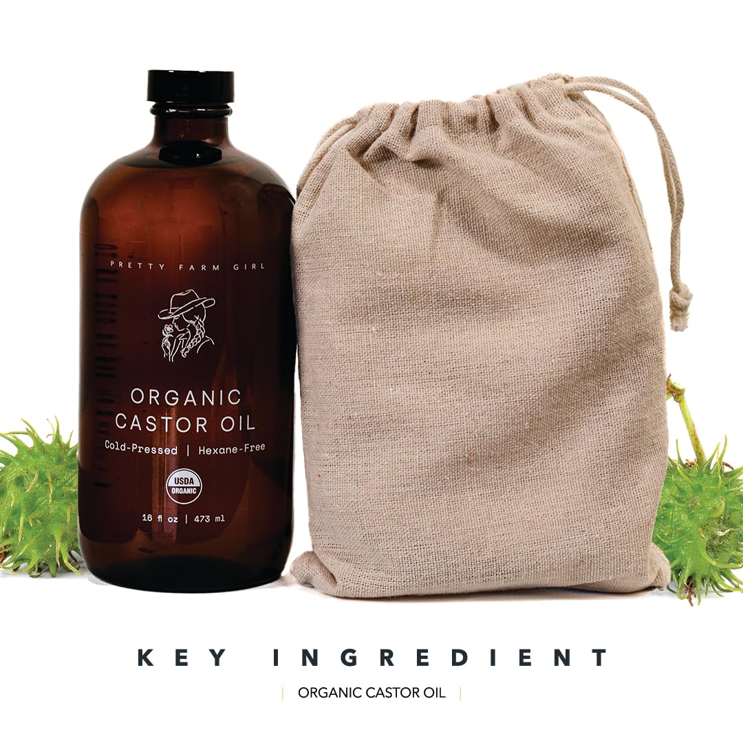 Pretty farm girl Pure Organic Castor Oil - Cold-Pressed & Hexane-Free - 100% Pure - Amber Glass Bottle - All Skin & Hair Types