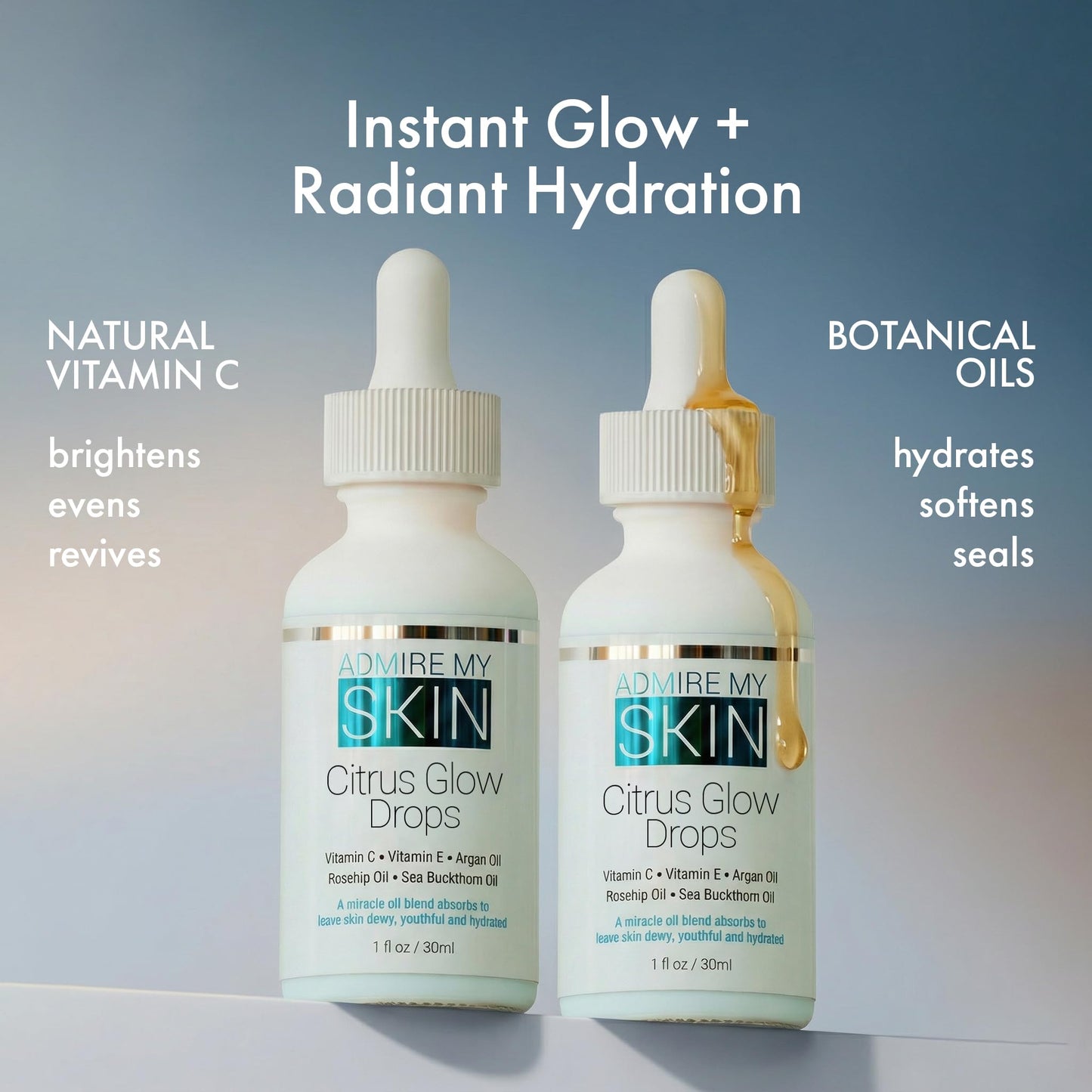 Admire My Skin Vitamin C Gua Sha Oil for Face - Organic Facial Oil for Glowing Skin with + Argan & Rosehip Oils - For a Dewy, Youthful Glow 1oz