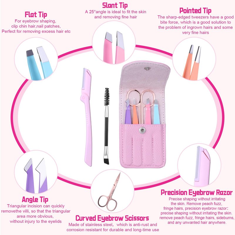 Lanties 12 Set 6 Pcs Eyebrow Tweezers Kit Christmas Stocking Stuffers Professional Stainless Steel Tweezers Set for Women and Men Facial Hair Splinter and Ingrown Hair Removal(Pink)