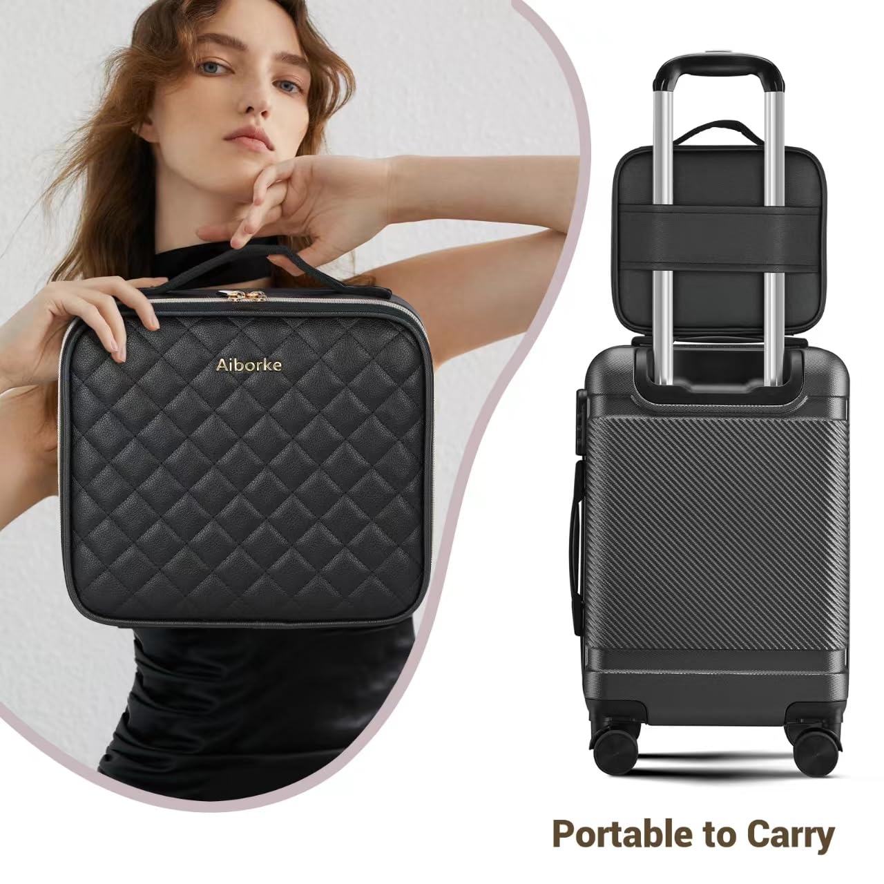 Aiborke Travel Makeup Bag with Led Mirror Make up Case with Lighted Mirror Cosmetic Organizer bag with Adjustable Dividers and 5X Magnifying Mirror Makeup Box Organizer Vanity Case for Women (Black)