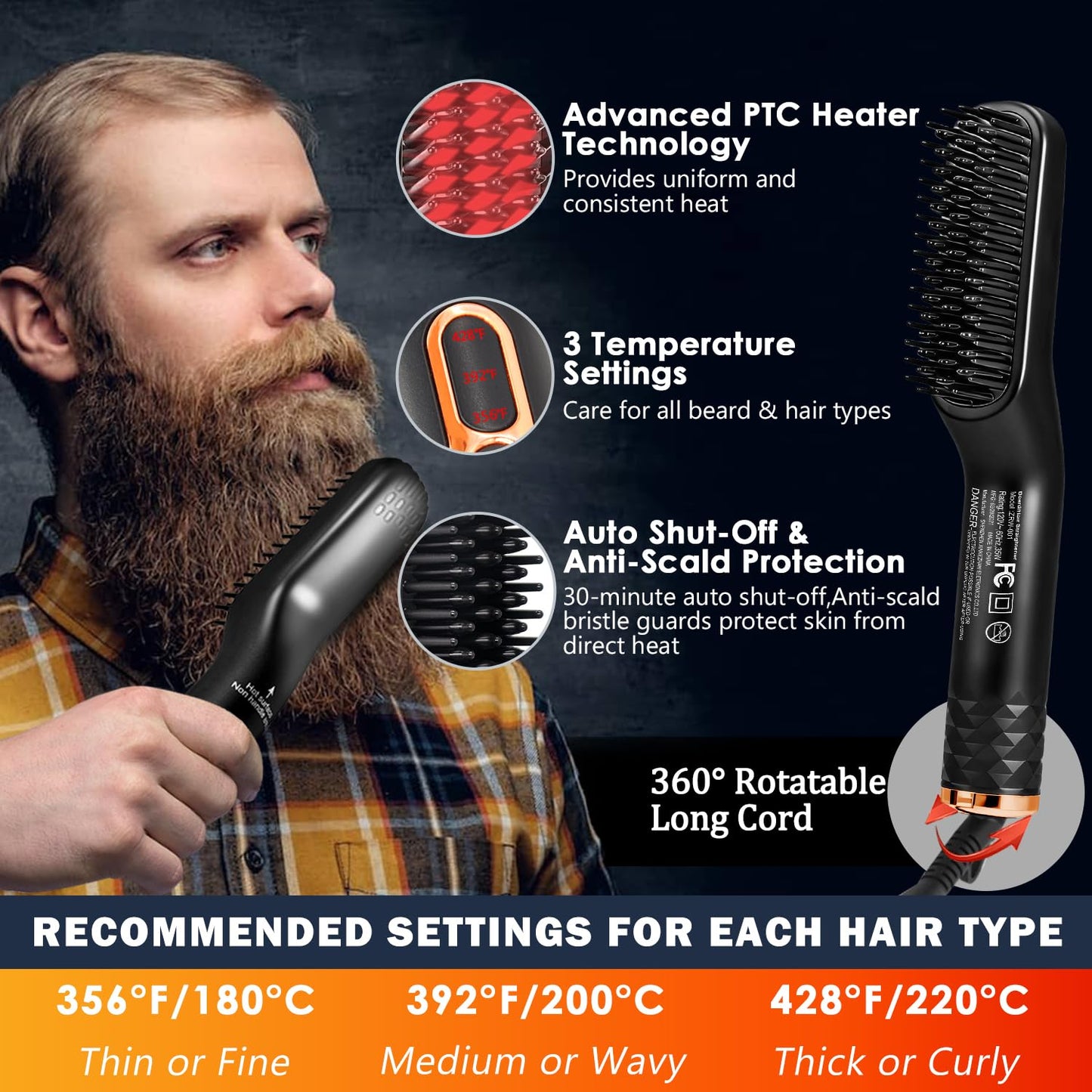 Beard Straightener for Men - Heated Brush Kit with Beard Oil & Comb | Travel-Friendly, Dual Voltage, Auto Shut-Off
