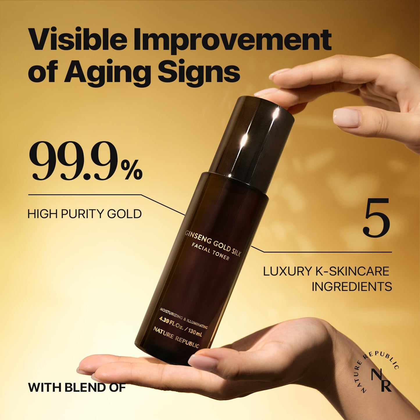 Nature Republic Ginseng Gold Silk Facial Toner, Hydrating Glow Toner, Niacinamide & Silk Amino Acid, Royal Jelly Extract, Korean Skin Care for All Skin Types 130 ml / 4.39 Fl. oz.