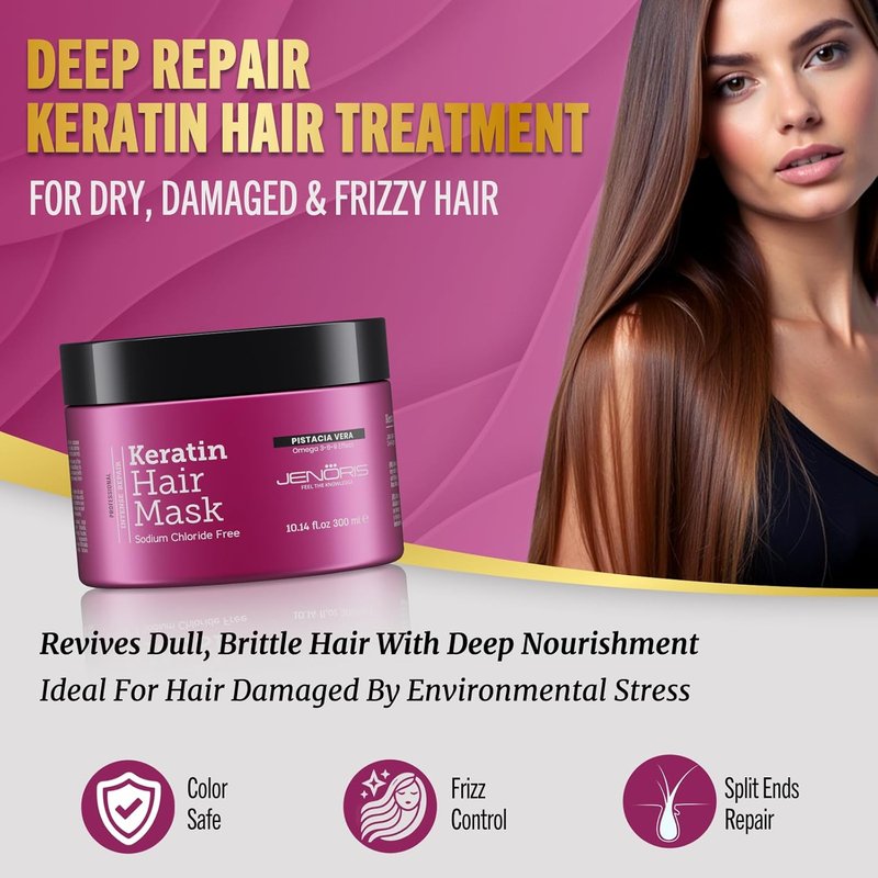Keratin Hair Mask for Dry, Damaged & Frizzy Hair - Deep Conditioning Treatment with Omega 3-6-9 & Pistachio Oil | 8.45 Fl Oz