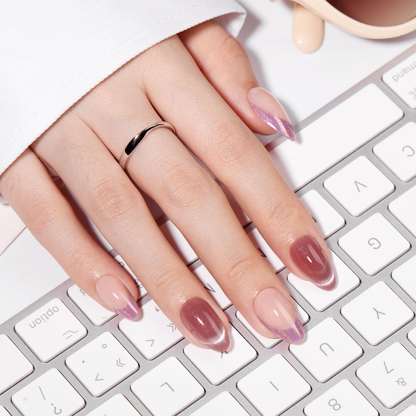 VSALON Short Almond Press on Nails Holographic French Rose Pink Cat Eye