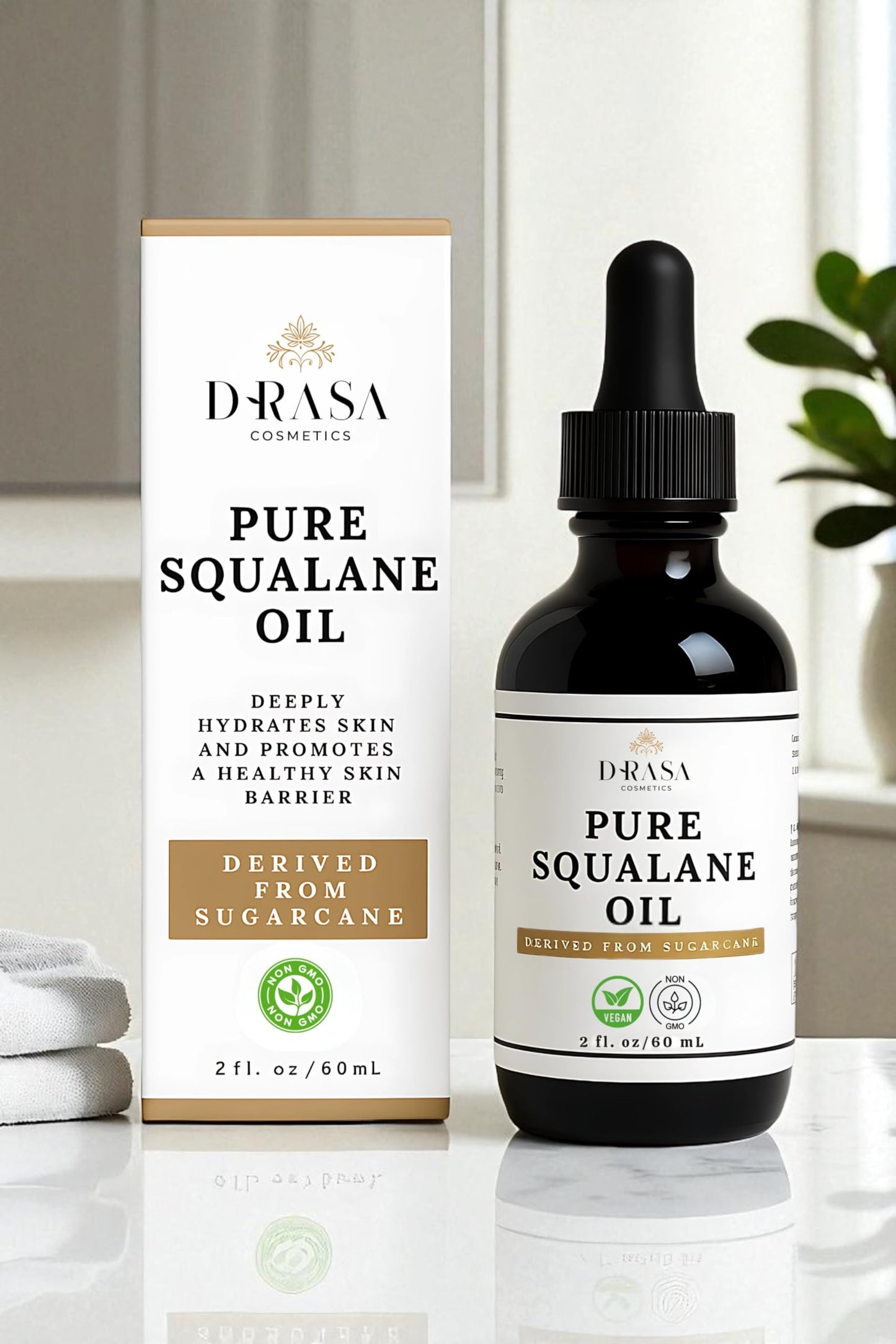 DRASA Cosmetics Pure Squalane Oil Moisturizer with 100% Sugarcane Derived Squalane for Face, Body, Skin and Hair - Face Oil 2 fl. oz.