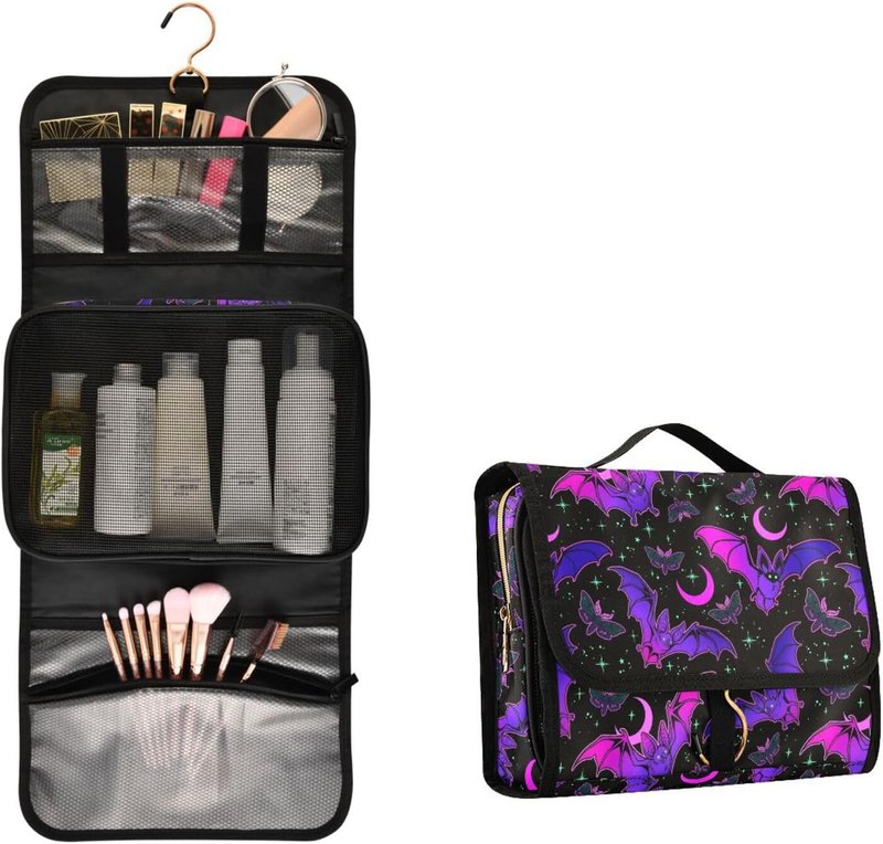 Gothic Purple Bat Toiletry Bag Set - 3 PCS Hanging Makeup & Travel Organizer