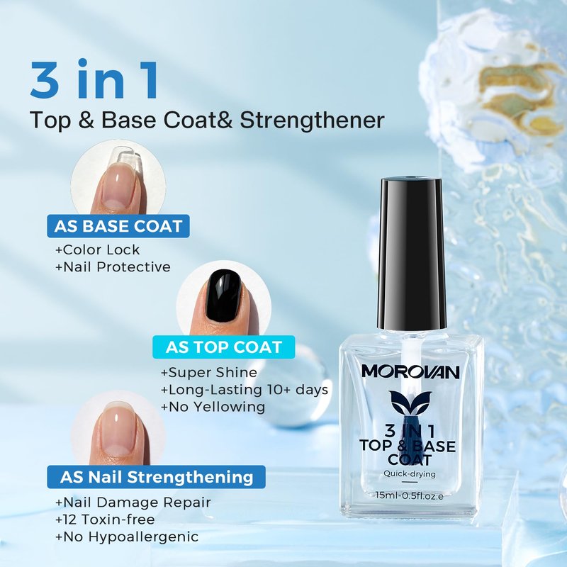 Morovan Base Coat Nail Strengthener: 3 IN 1 Nail Growth Top Coat Clear Quick Dry Nail Polish Strong Repairs Damaged Nail Hardener Long Lasting Shine No Chip Fingernail Treatment Care for Women Girls