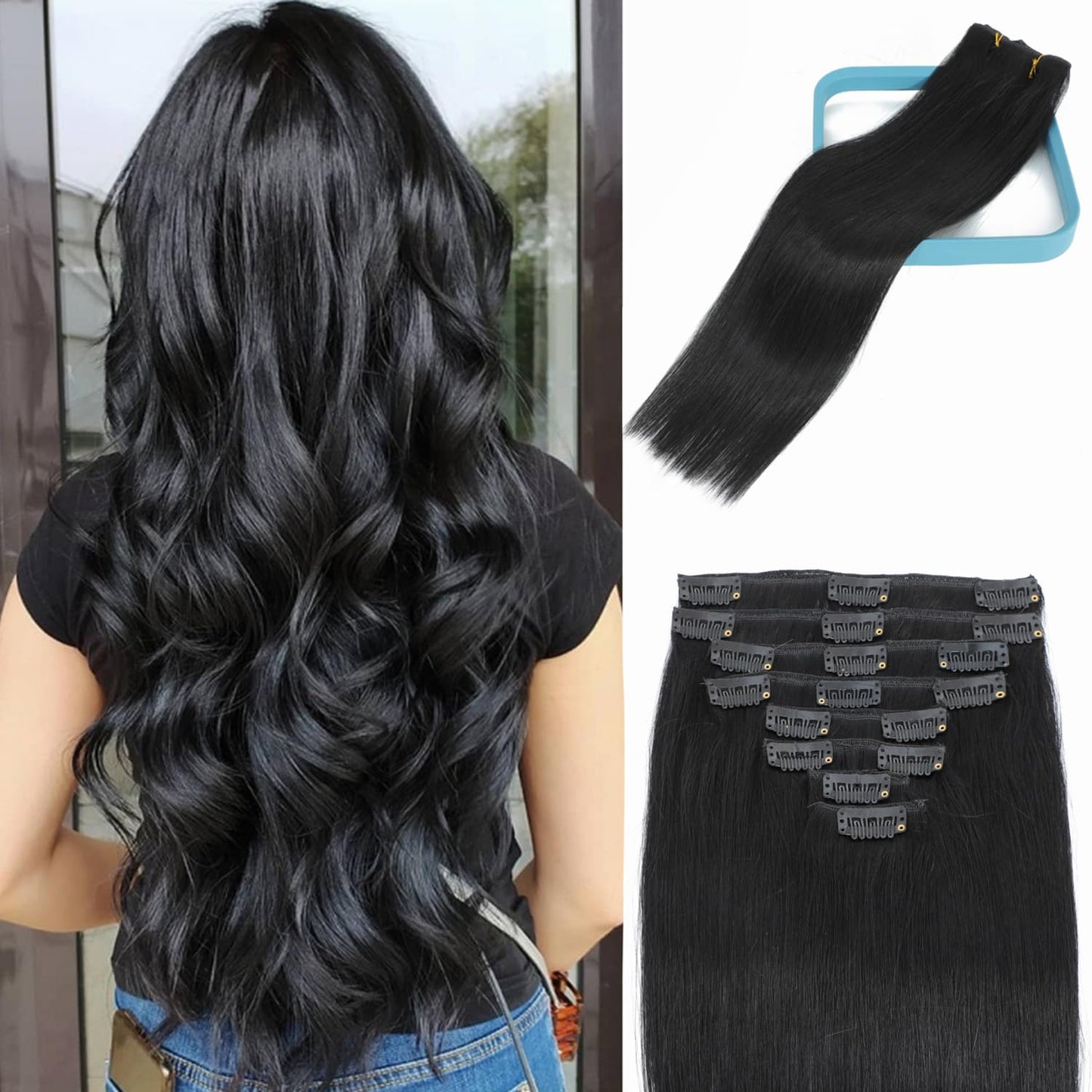LORIEN Clip-In Hair Extensions - 100% Brazilian Remy Human Hair, 16 Inch, Jet Black, 8pcs Set with 18 Clips