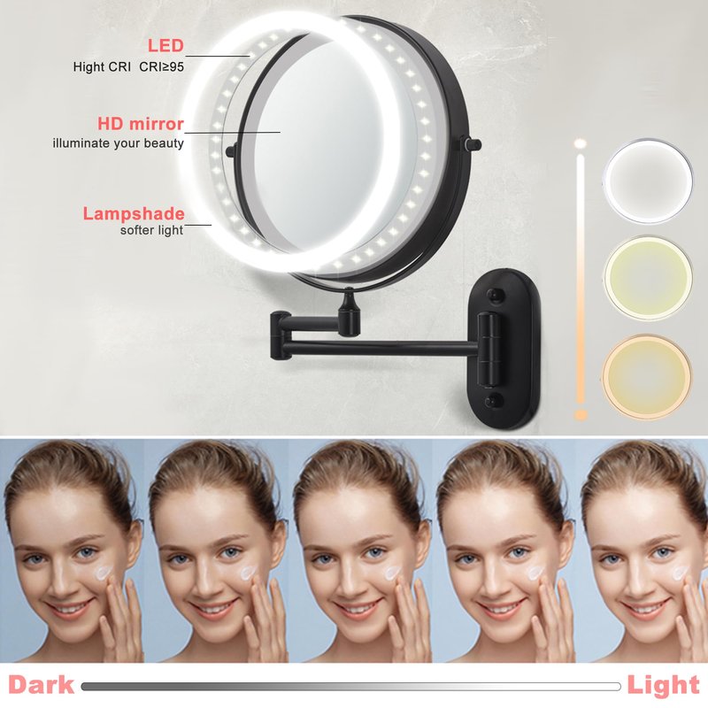 8“Wall Mounted Makeup Mirror With Lights, 10x Magnifying Mirror Wall Mount for Vanity, Bathroom and Shaving, Rechargeable Wall Mounted Makeup Mirror Swing Arm with Adjustable Brightness (Black-10X)