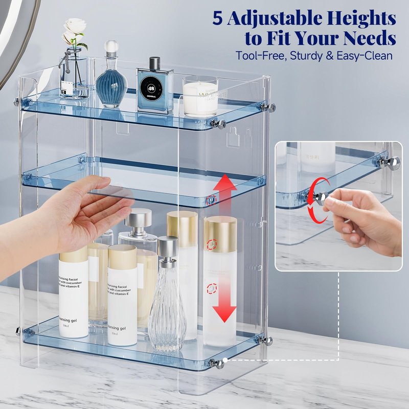 Delamu Bathroom Countertop Organizer, 3 Tier Adjustable Corner Makeup & Skincare Organizer with Protective Guard Rail, Transparent Design for Vanity, Bathroom Counter, Ideal for Girls