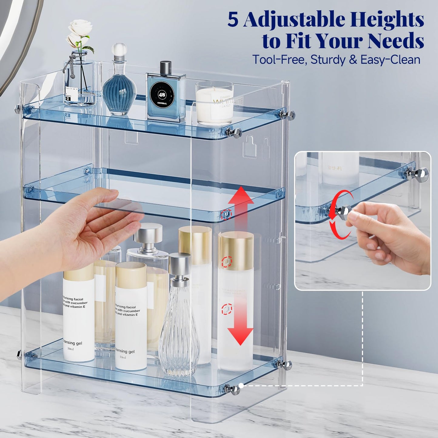 Delamu Bathroom Countertop Organizer, 3 Tier Adjustable Corner Makeup & Skincare Organizer with Protective Guard Rail, Transparent Design for Vanity, Bathroom Counter, Ideal for Girls