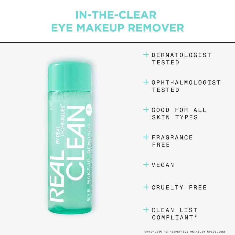 Real Techniques Real Clean In-The-Clear Eye Makeup Remover, Gentle Liquid Makeup Remover, Skin Repair Ingredients, Hyaluronic Acid & Vitamin C, Vegan & Cruelty-Free, 4 fl.oz./110 mL Bottle