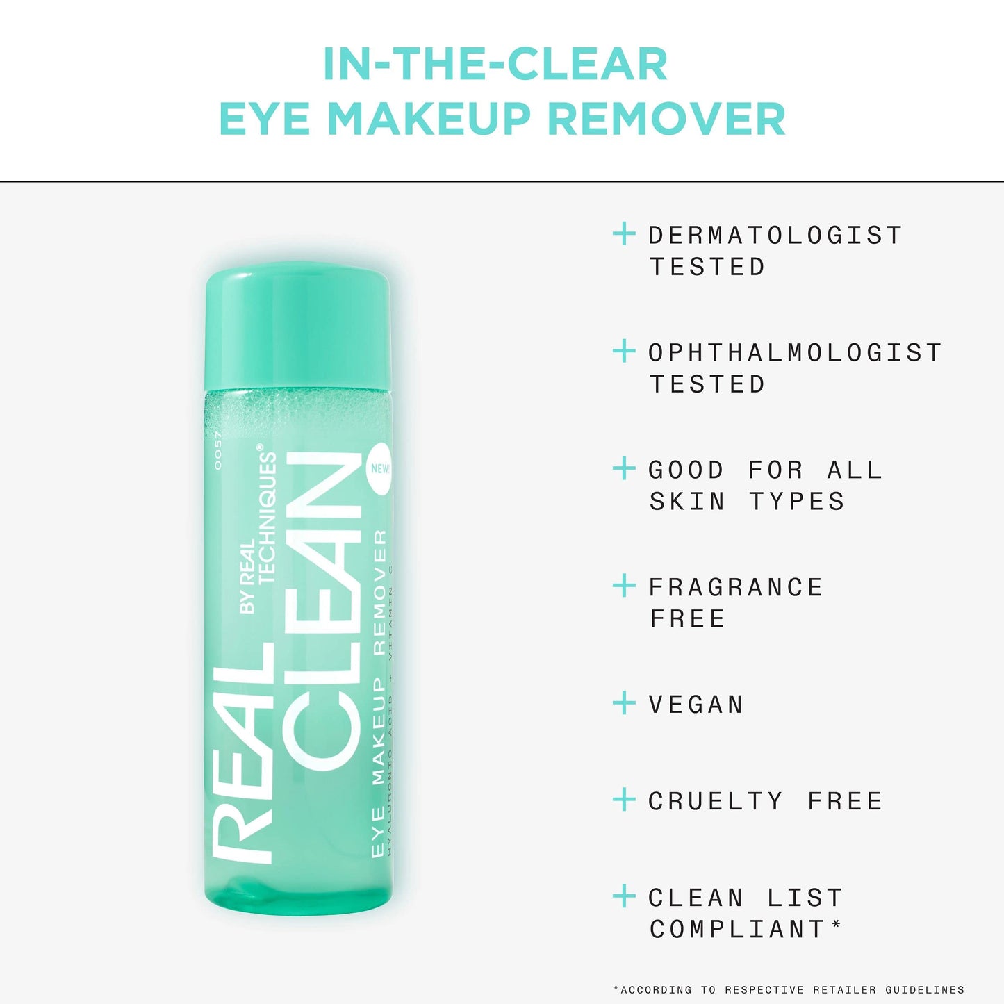 Real Techniques Real Clean In-The-Clear Eye Makeup Remover, Gentle Liquid Makeup Remover, Skin Repair Ingredients, Hyaluronic Acid & Vitamin C, Vegan & Cruelty-Free, 4 fl.oz./110 mL Bottle