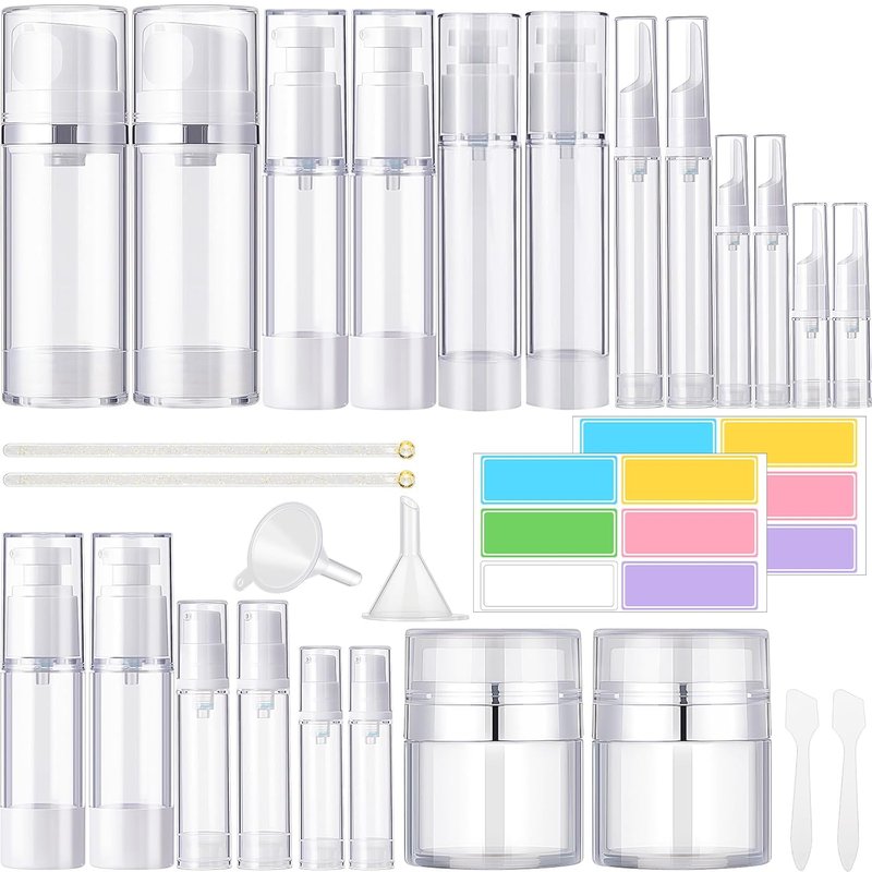 Airless Pump Jars Set - 32 Pack Refillable Travel Cosmetic Containers | Mini Leak-Proof Atomizer Spray Bottles for Skincare, Lotion, Shampoo (3.4/1.7/1/0.34oz)