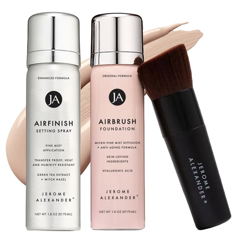 MagicMinerals AirBrush Foundation Set by Jerome Alexander – 3pc Set Includes AirFinish, Foundation and Kabuki Brush - Spray Makeup with Anti-aging Ingredients for Smooth Radiant Skin (Light)