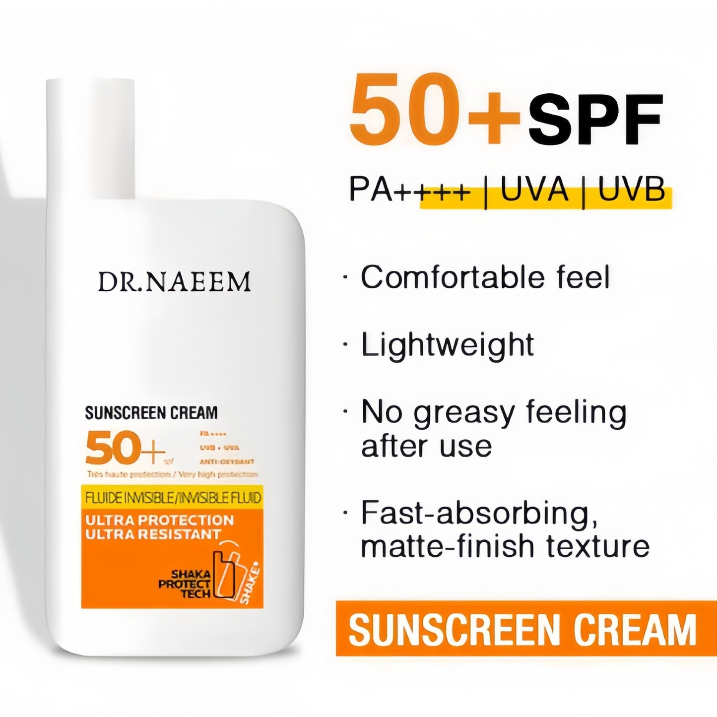 DR.NAEEM Organic Brightening Sunscreen SPF 50+ PA+++ | Mineral & Physical UV Protection with Zinc Oxide & Titanium Dioxide | Matte Finish, Non-Greasy, 50ml