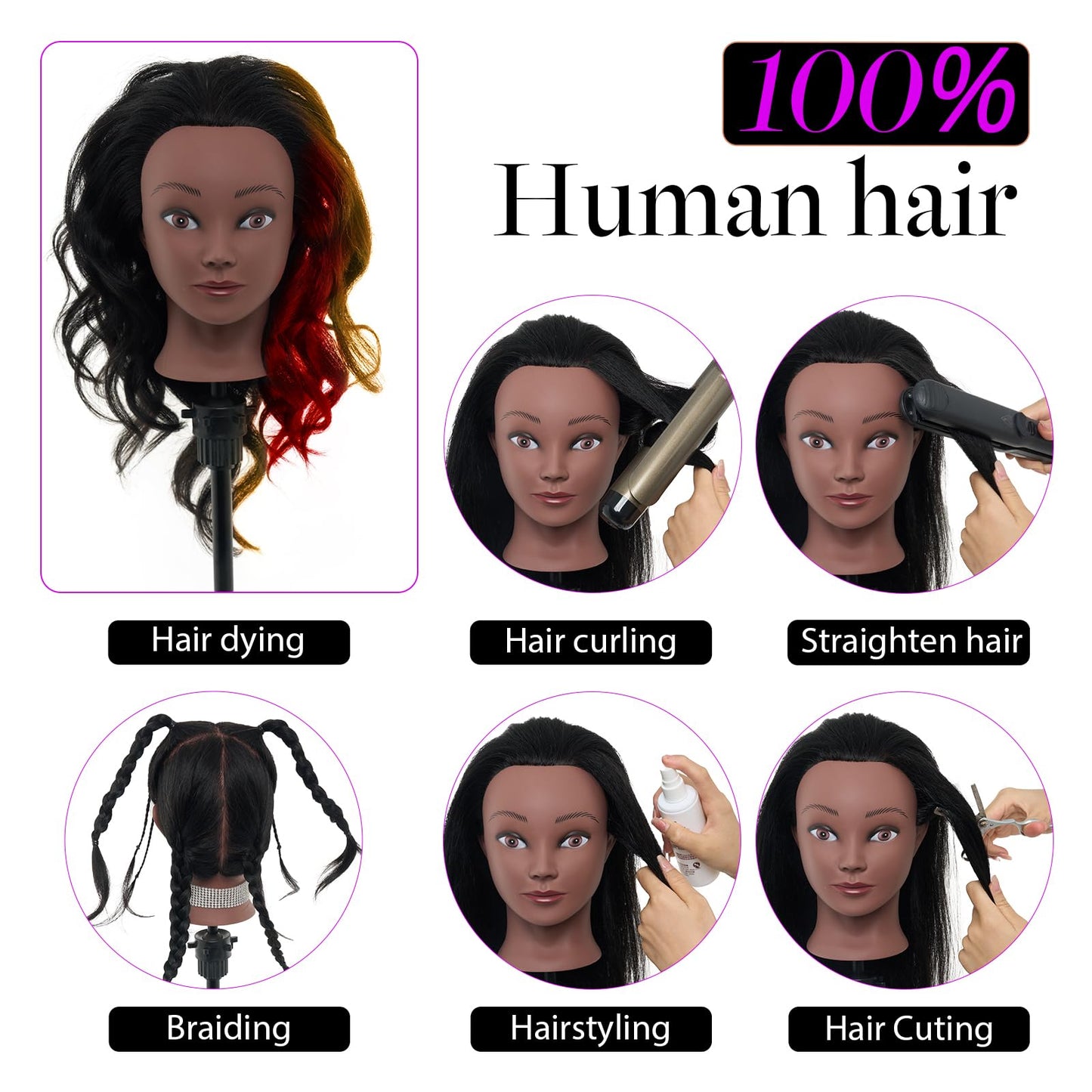 18" Mannequin Head Human Hair with Stand - 100% Real Human Hair Mannequin Head for Braiding, Cosmetology Manikin Doll Head for Hair Styling with Tripod Stand Table Clamp Hair Braiding Set,Black