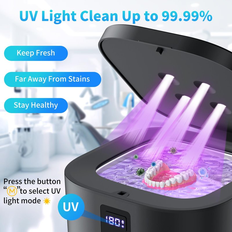 Ultrasonic Retainer Cleaner Machine, 48KHz Dental Cleaning Pod for Denture, Mouth Guard, Aligner, Night Guard, Braces, Toothbrush Heads, Jewelry with Digital Timer & 6 Modes, 13oz Capacity, White