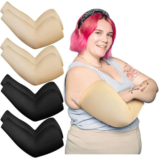 Crowye 8 Pieces Plus Size Full Arm Sleeves Tattoo Cover up Cooling UV Sun Protection Tattoo Arm Sleeve Compression Covers(Black, Beige)