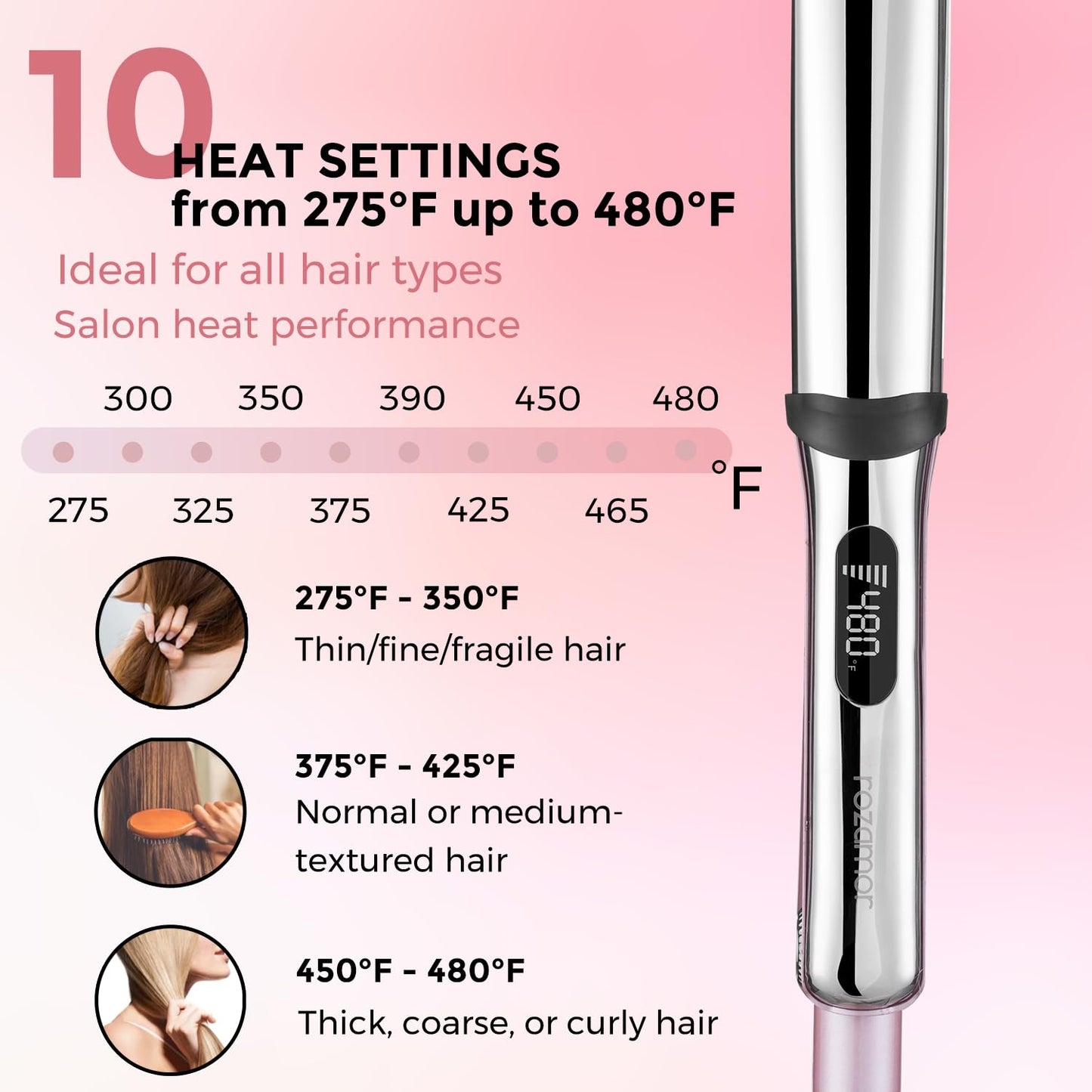Rozamor Professional Titanium Flat Iron with 1 1/4 Inch Floating Plates, Hair Straightener and Curler 2 in 1 with 10 Adjustable Temp Up to 480 ℉, Negative Ion & Dual Voltage Fast Heating Hair Tools
