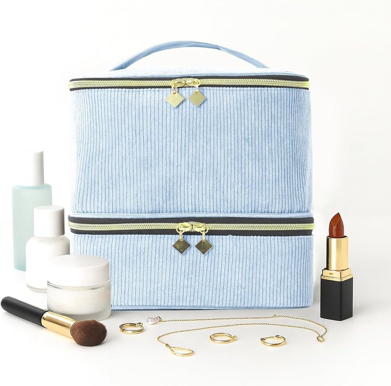 Nail Polish Organizer Bag - Double-Layer Tote for 30 Bottles & Nail Lamp | Blue Carrying Case