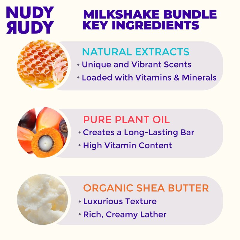 Nudy Rudy Milkshake Bundle Bar Soap Pucks, Includes Milk Bar, Hunny Bunny, Killa Vanilla, Made with Organic Shea Butter, Pure Plant Oils, Triple Milled Bars, All Skin Types, 4.2 oz Each - Pack of 3
