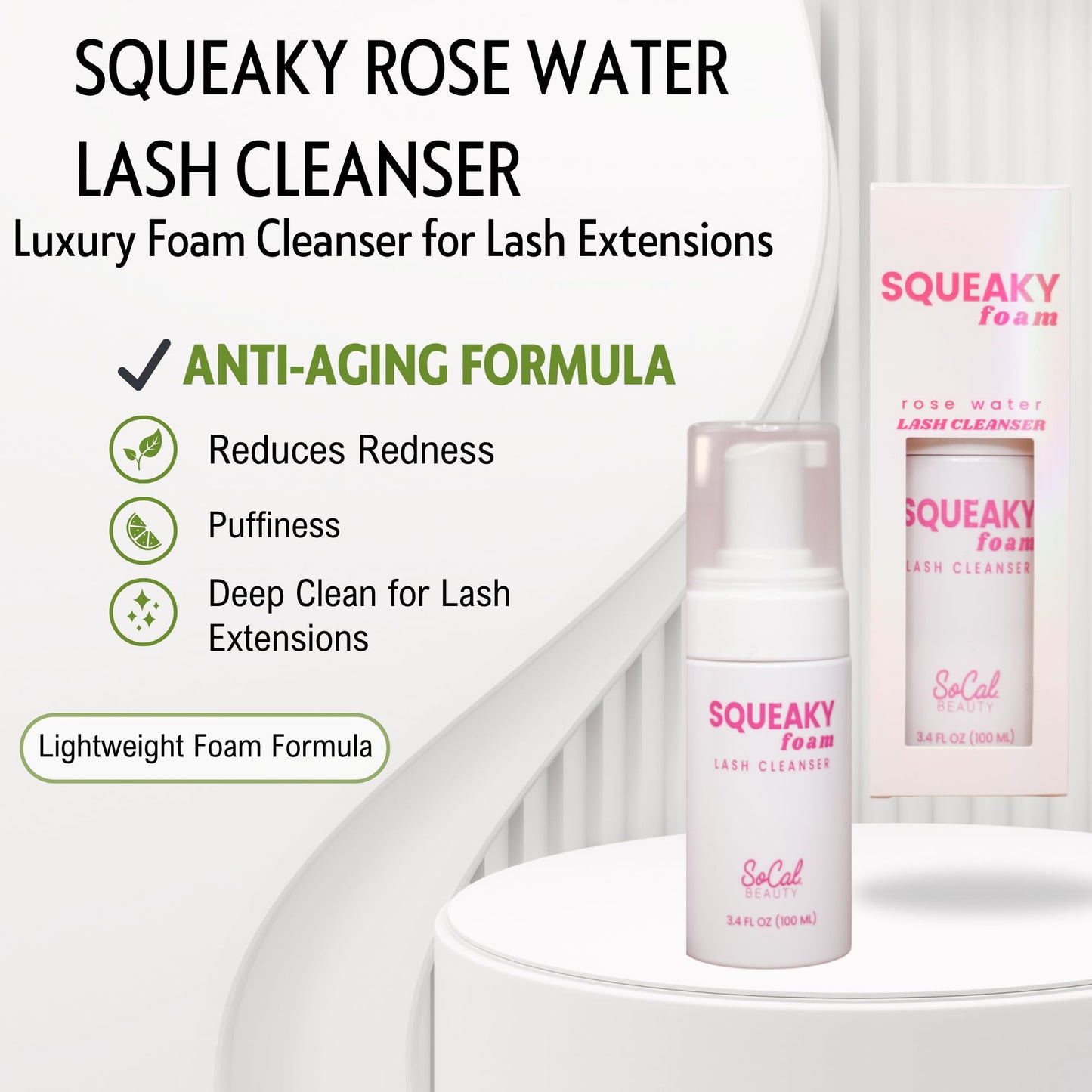 SoCal Beauty Squeaky Rose Water Lash Cleanser Luxury Foam Cleanser for Lash Extensions